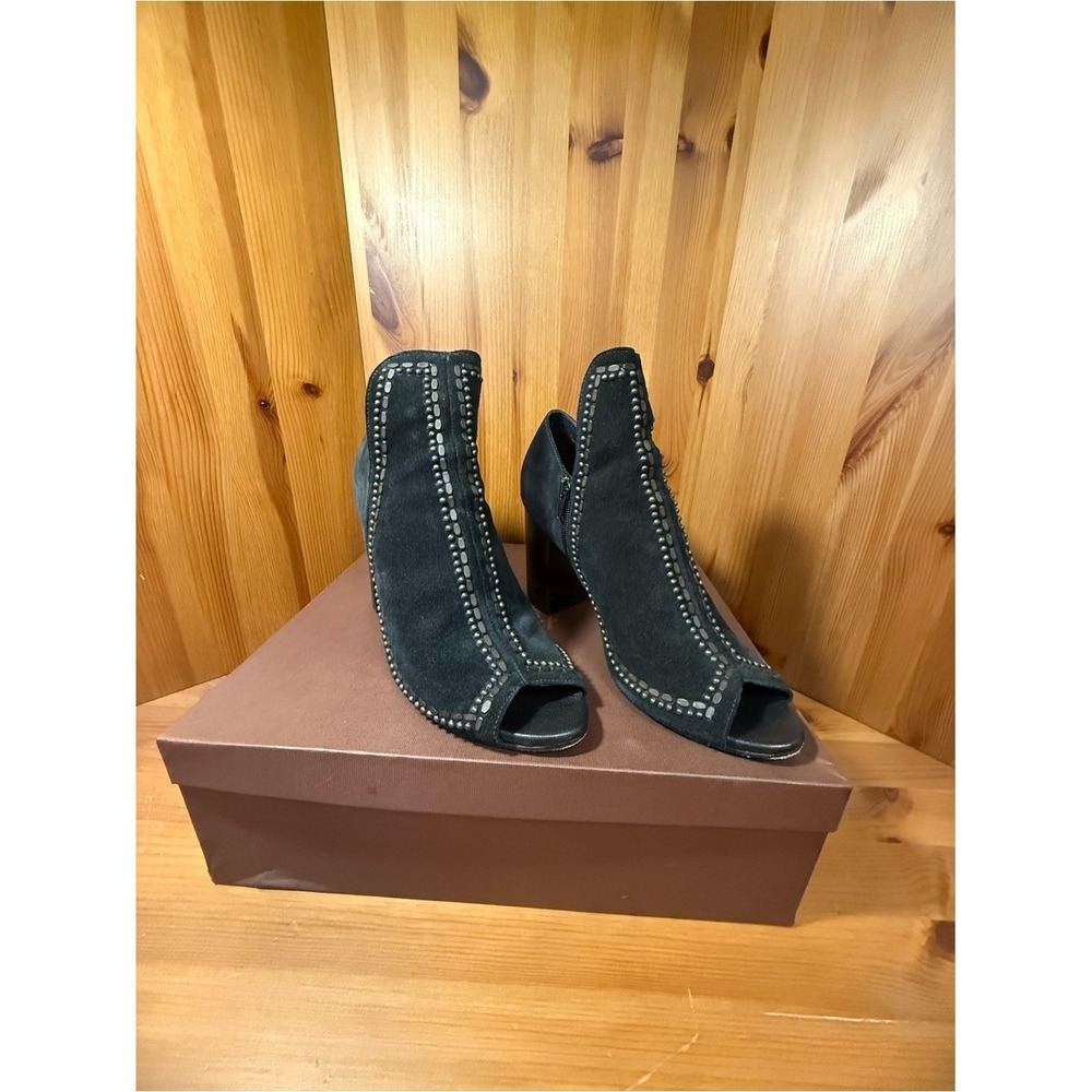 Women's Black Suede Peep-Toe Studded Ankle Booties